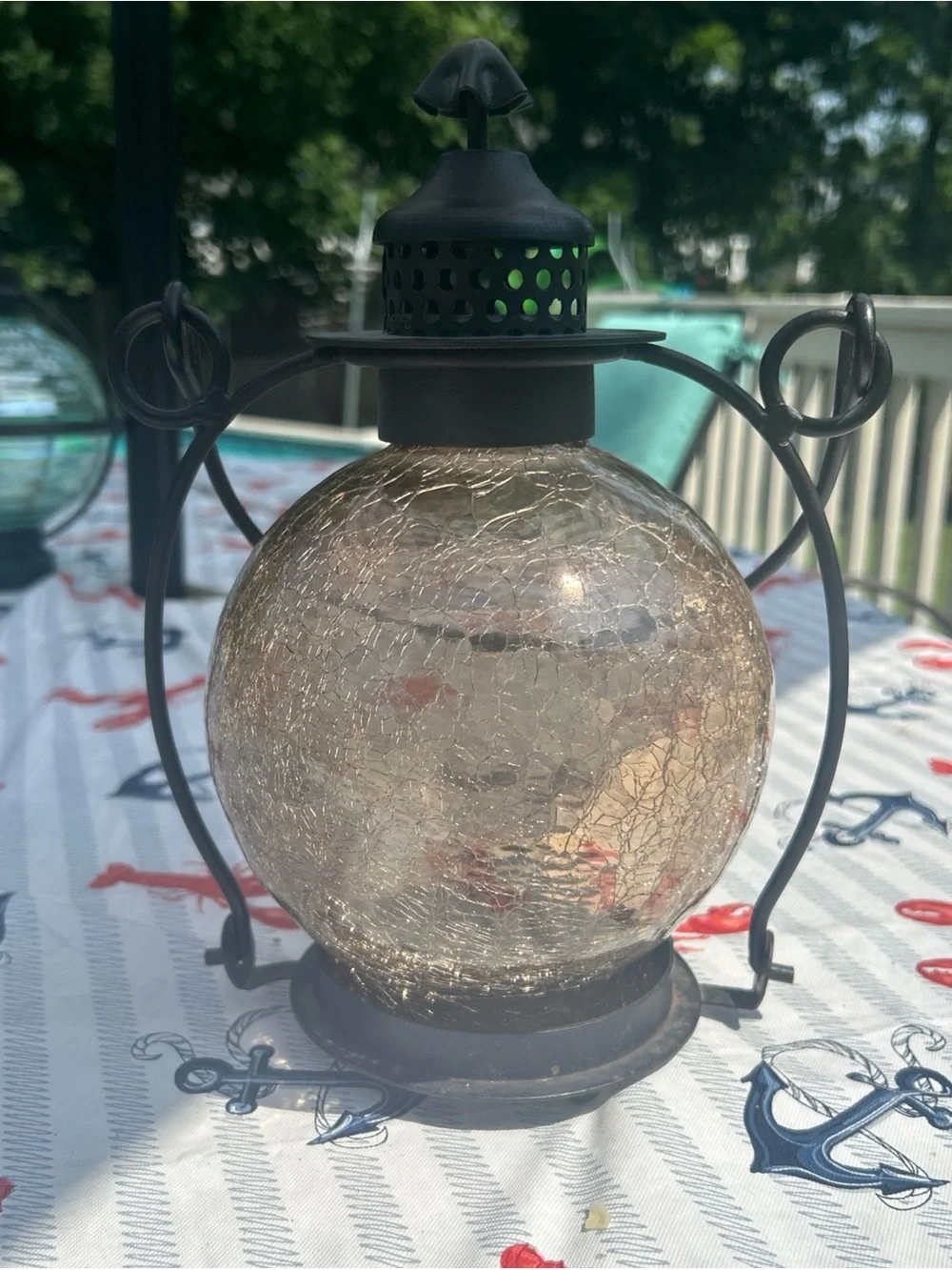Vtg Rustic Amber Crackle Glass Candle Lantern w rod iron Holder & Swing Handle